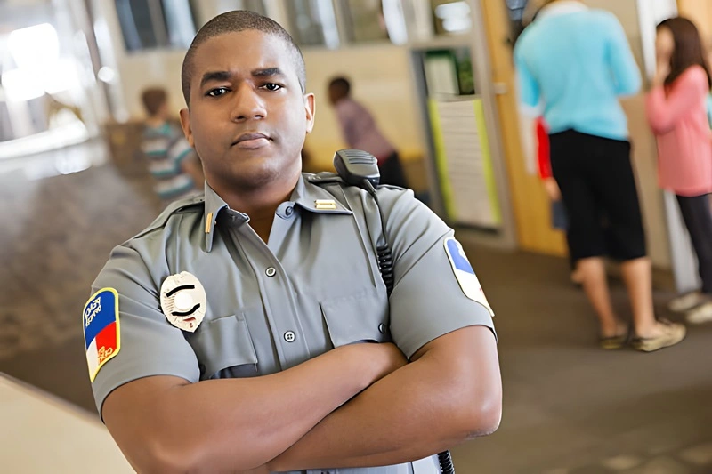 Police officer patrolling hallway 